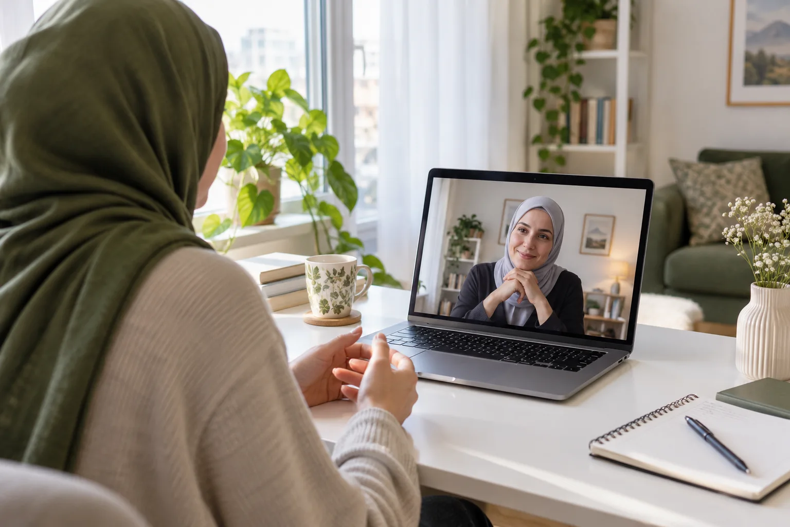 İlk görüşmeniz için randevu alın – kendi dilinizde terapi ve danışmanlık Başörtülü kadın danışan, bilgisayar ekranındaki başörtülü kadın psikologla online görüntülü görüşmeye katılıyor