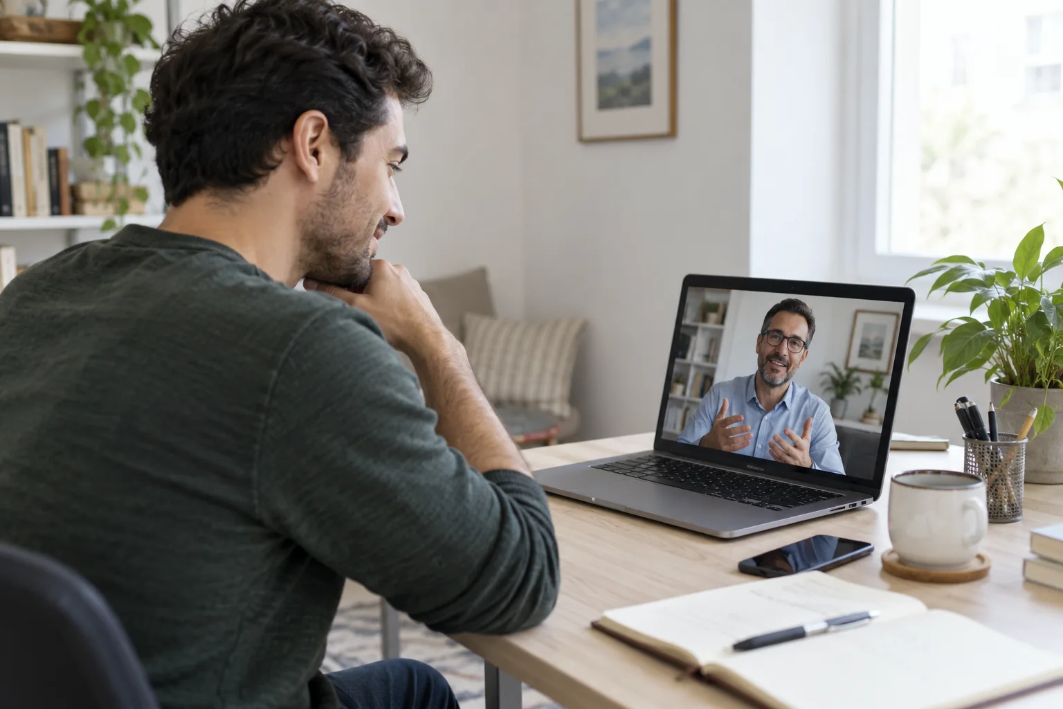 Professionele steun bij stress en uitputting – therapie en begeleiding in uw taal Een man in een online gesprek met een mannelijke psycholoog op zijn laptop