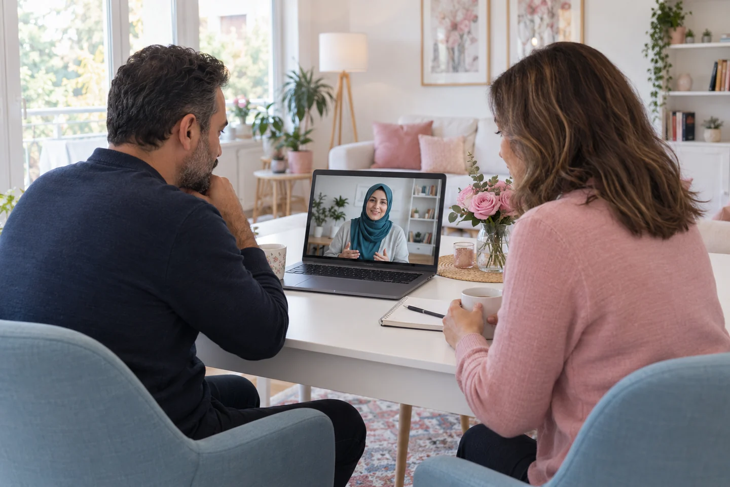 Relatietherapie in uw eigen taal – therapie en begeleiding in uw taal Een vrouw en haar partner in een online gesprek met een vrouwelijke psycholoog met hoofddoek