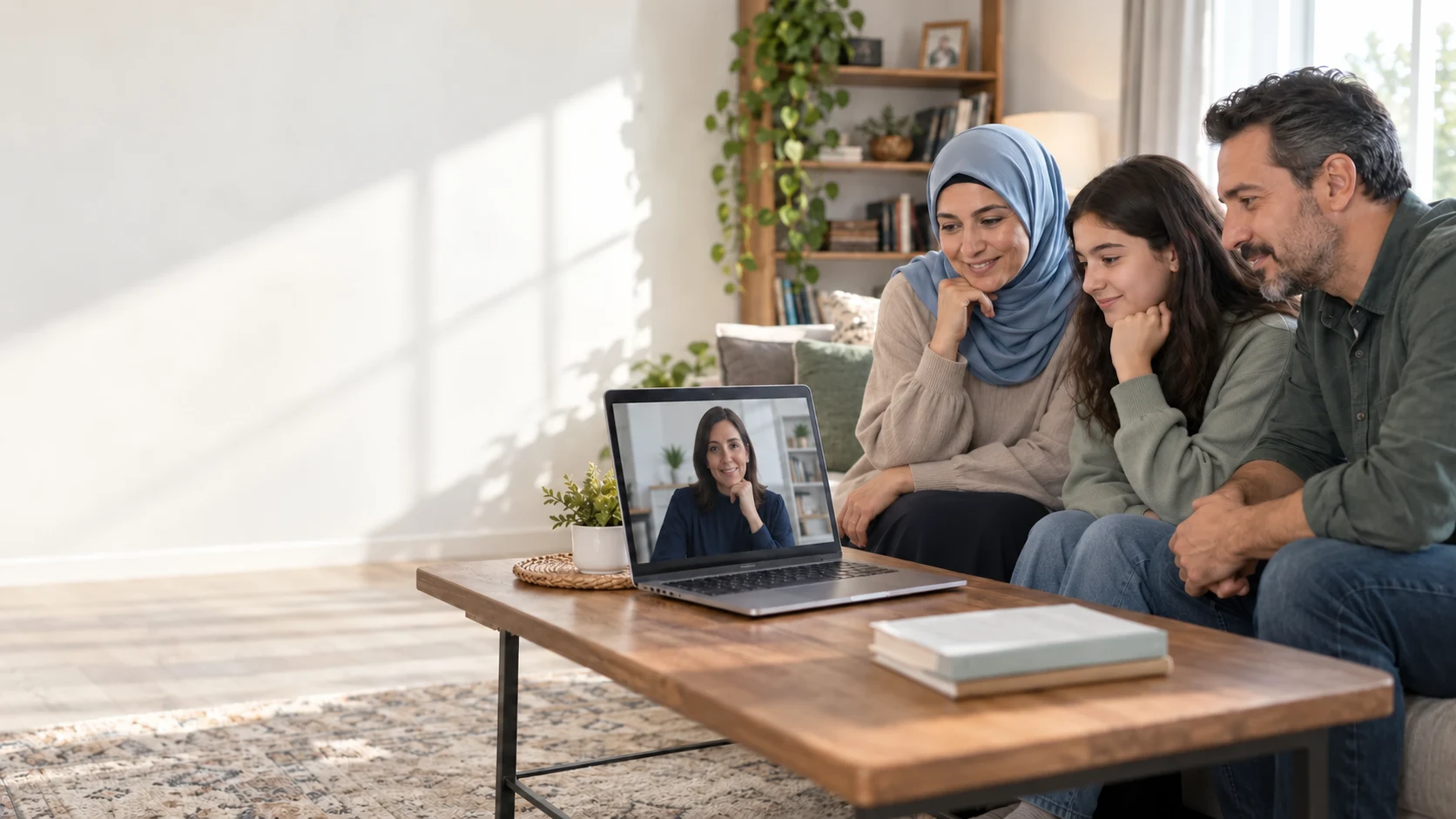 Gezinsbegeleiding voor uw dagelijks leven – therapie en begeleiding in uw taal Een moeder, vader en tienerdochter in een videogesprek met een vrouwelijke professional