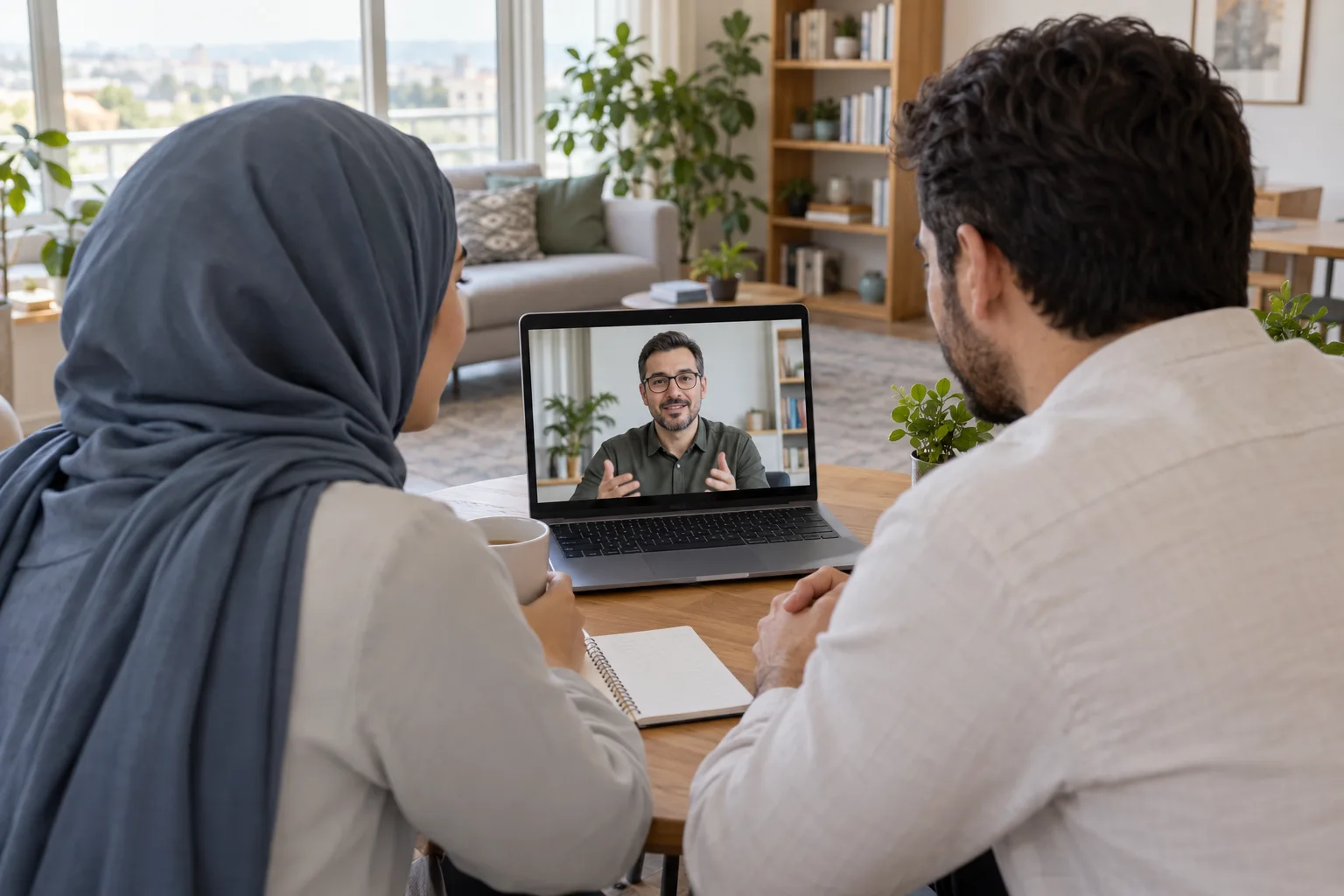 Veelgestelde vragen over uw afspraak – therapie en begeleiding in uw taal Een vrouw met hoofddoek en haar partner in een videogesprek met een mannelijke psycholoog