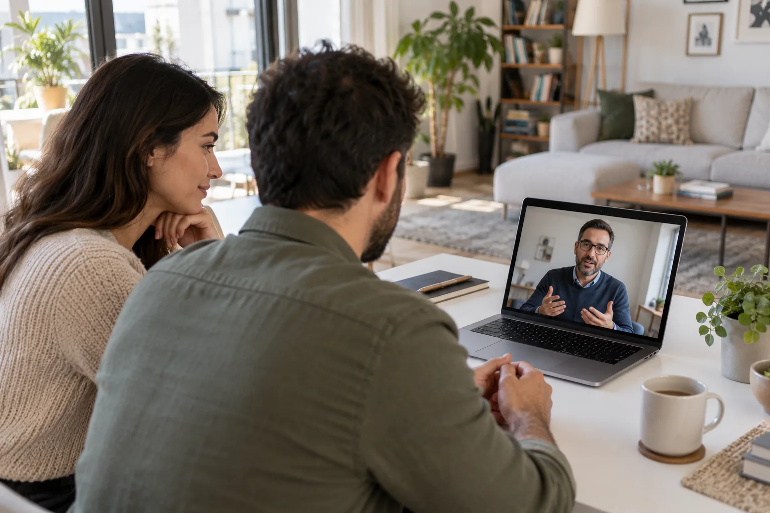 Juridische informatie – therapie en begeleiding in uw taal Twee partners die in een lichte kamer met een mannelijke psycholoog videobellen
