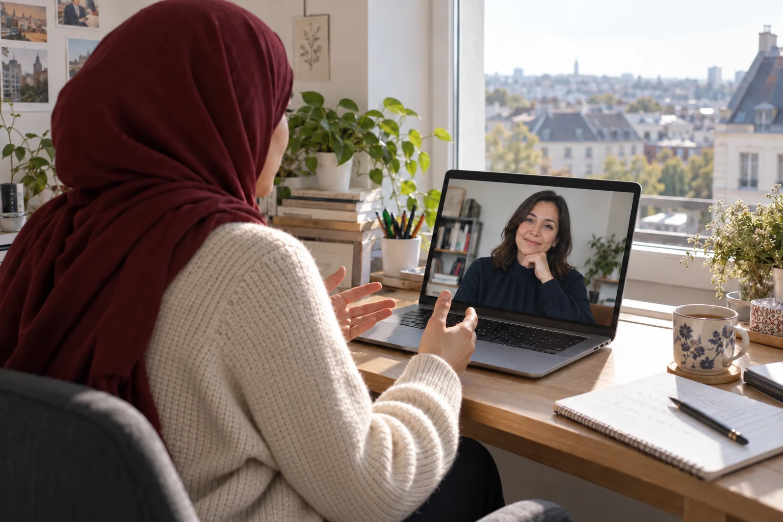 Waarom uw gesprekstaal belangrijk is – therapie en begeleiding in uw taal Een vrouw met hoofddoek die vanuit haar woning in het buitenland met een vrouwelijke psycholoog videobelt