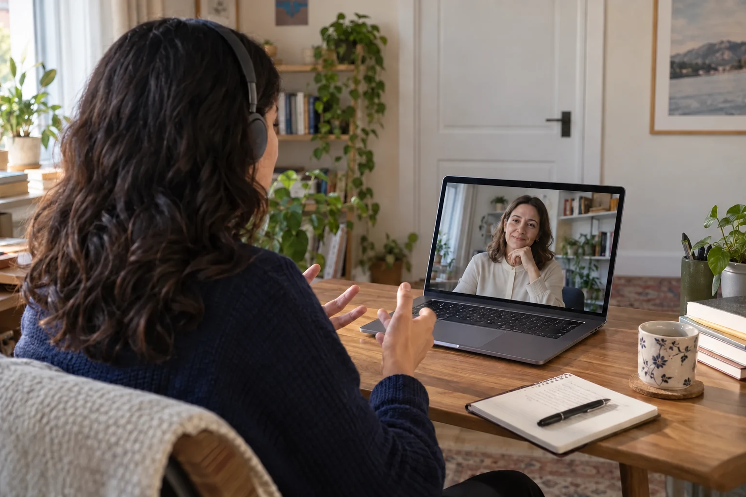 Een vrouw die vanuit een besloten ruimte met een vrouwelijke professional videobelt