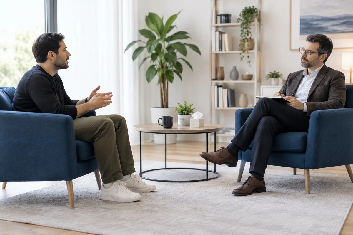 Twee mannen bespreken een afspraak in een rustige gespreksruimte