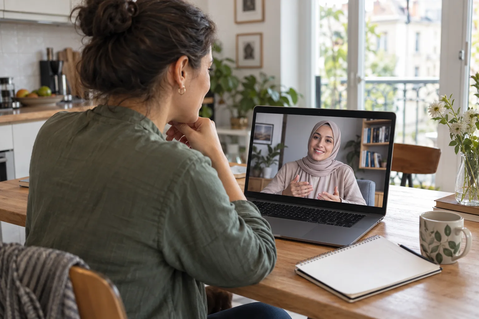 Een vrouw in een online gesprek met een vrouwelijke psycholoog met hoofddoek