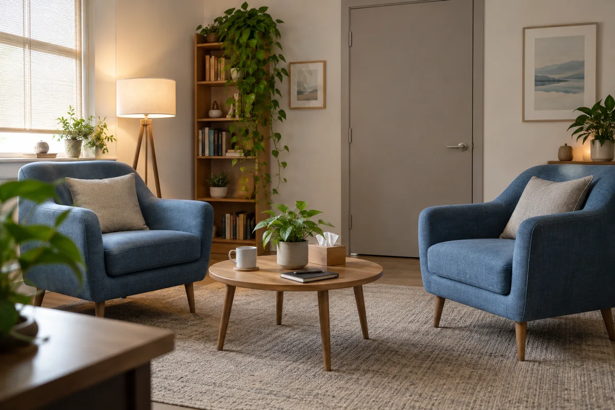 Twee lege blauwe fauteuils in een besloten, lichte gespreksruimte