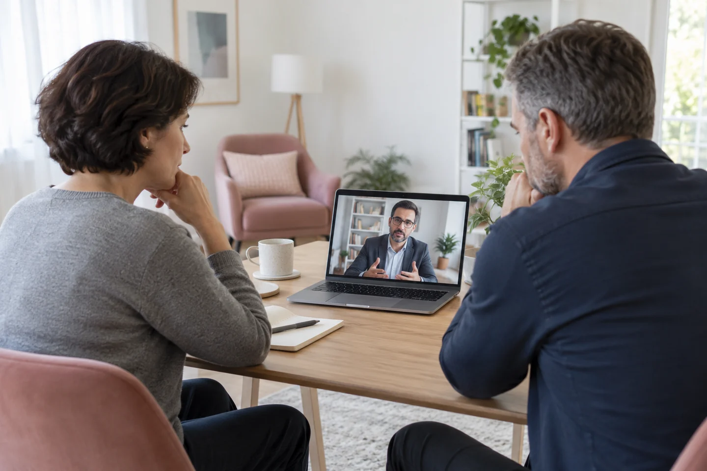 Professionele steun bij vertrouwen in uw relatie – therapie en begeleiding in uw taal Twee partners in een online gesprek met een mannelijke psycholoog over hun relatie