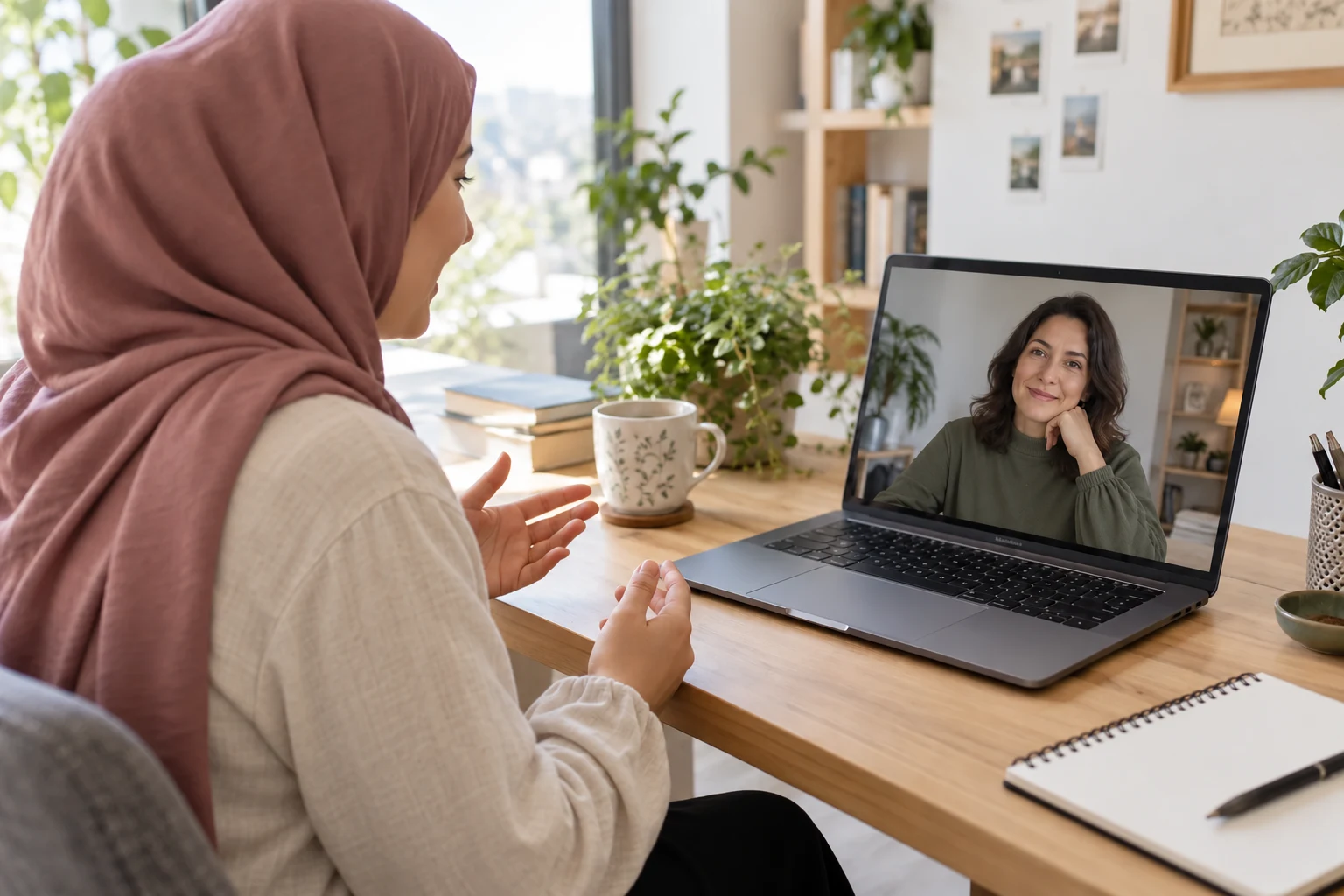 Başörtülü kadın danışan, evindeki dizüstü bilgisayardan kadın psikologla online görüntülü seansa katılıyor